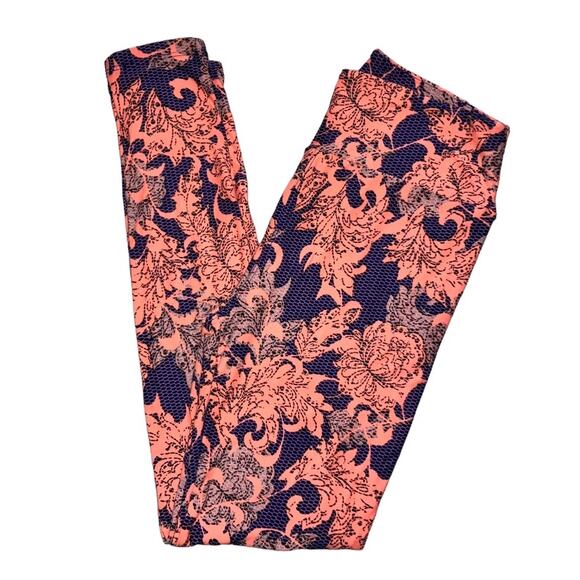 2 Pairs Lularoe Leggings One Size Bundle Purple Birds & Coral Lace - Picture 3 of 4
